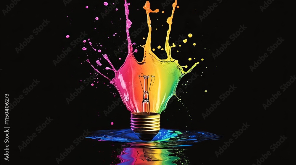 Poster colorful splashes surround a light bulb representing creativity and innovation in a visually strikin
