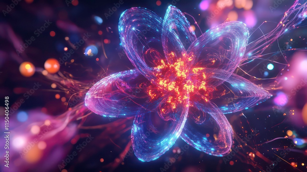 Poster a vibrant depiction of an atom surrounded by glowing particles representing energy in a captivating 