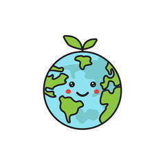 Cute Earth Illustration with Smiling Face and Green Leaf on Top
