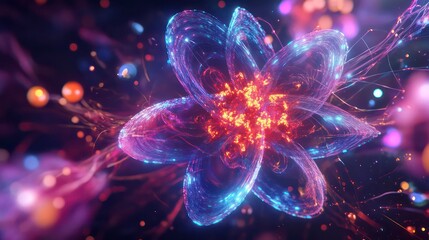Obraz premium A vibrant depiction of an atom surrounded by glowing particles representing energy in a captivating digital format