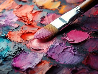 Vibrant oil paint palette, colorful strokes and brush on canvas, artistic creativity for Valentine art concept
