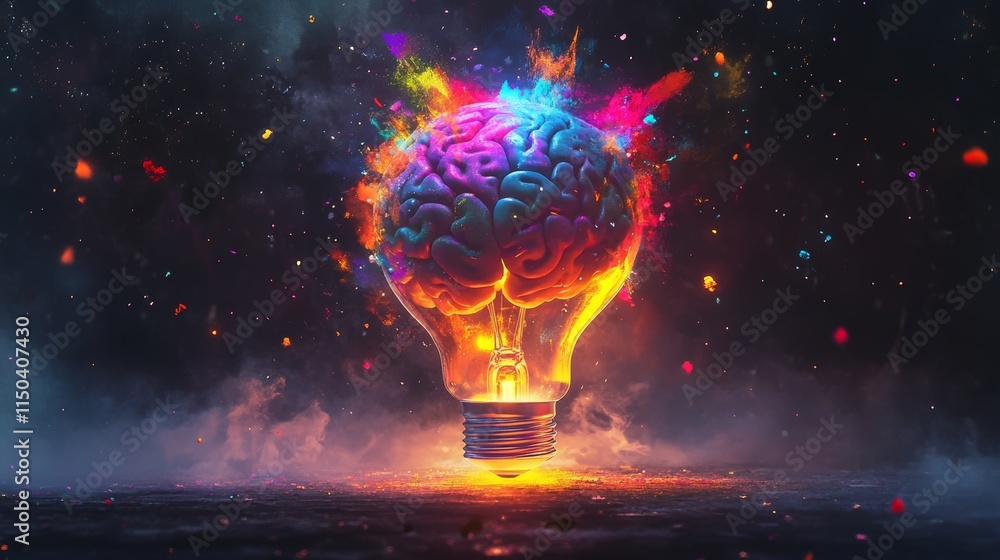 Poster creative explosion of ideas symbolized by a colorful brain inside a light bulb with vibrant splashes
