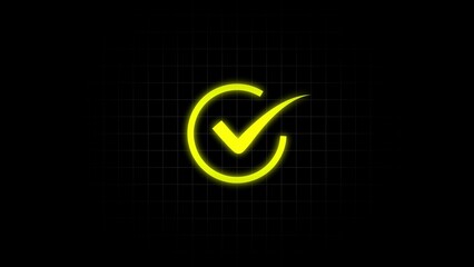 Glowing check mark illustrations icon. Tick finishing confirm yes, right ,ok sign animated on black background. Check mark symbol. approved tick mark icon, success, correct concept.