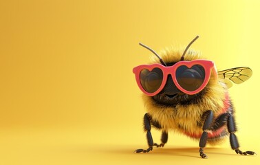 Naklejka premium A cheerful bumblebee in heart-shaped sunglasses pops against a bright yellow background