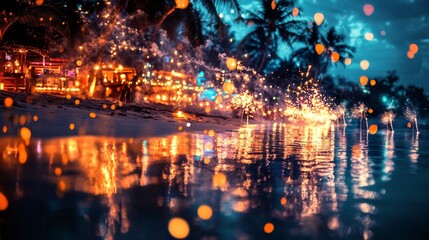 New year celebration with fireworks at tropical beach nighttime festivities vibrant atmosphere scenic view exciting festive spirit