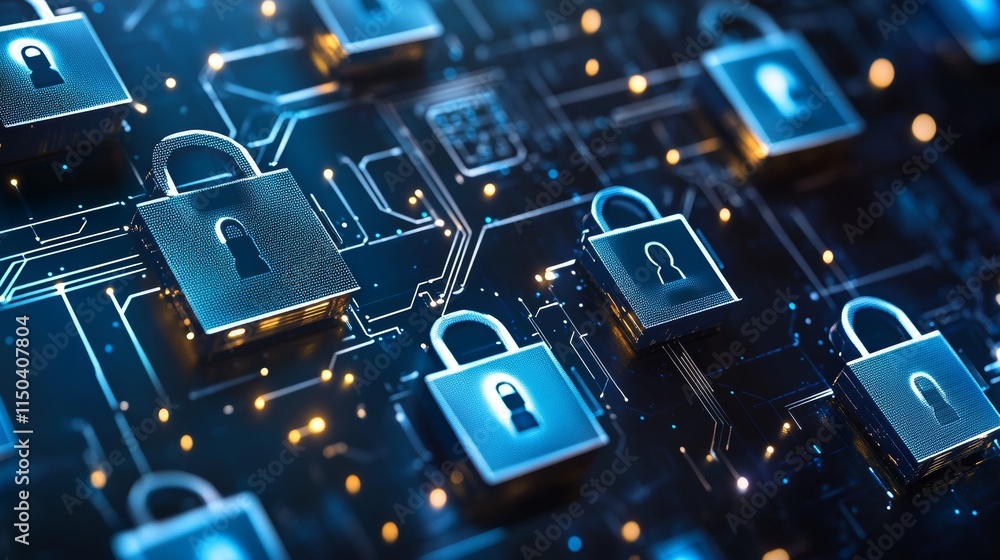 Poster digital security elements represented by locks on a complex circuit board background, highlighting t