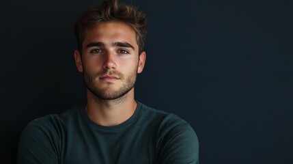 Obraz premium A young man, wearing a simple sweater, gazes intently at the camera with a serious expression. The dark navy background amplifies his determined appearance, reflecting focus and purpose.