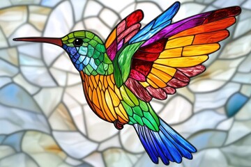 Brightly colored stained glass hummingbird with open wings showcases intricate details and realism
