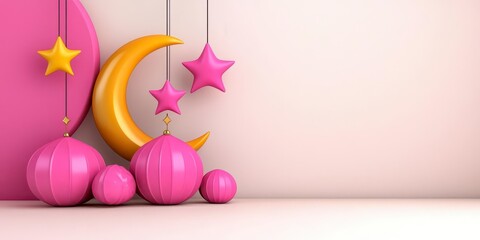 A photostock of a charming garland with pastel pink lanterns, crescent moons, and stars, glowing softly against a gradient cream and pink background. High Quality