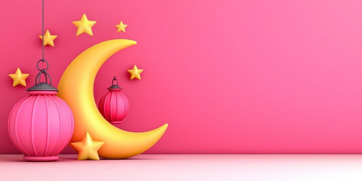 A photostock of a charming garland with pastel pink lanterns, crescent moons, and stars, glowing softly against a gradient cream and pink background. High Quality