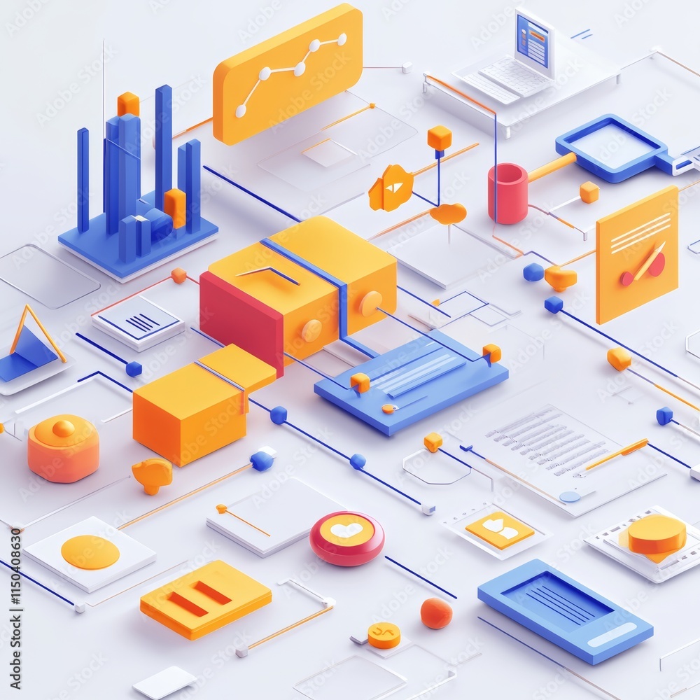 Poster colorful 3d digital illustration representing data analysis and technology trends with graphs, chart