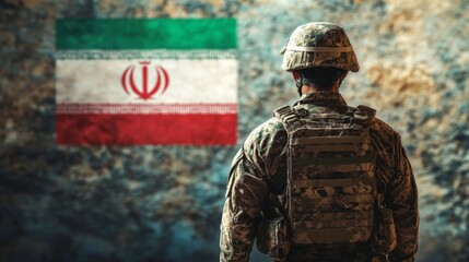 soldier in military uniform standing with the iran flag in the background, with copy space