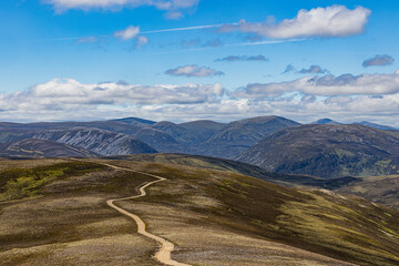 Wide view of access road on Morrone mountain, Cairngorm National Park, Braemar, Royal Deeside, Scotland