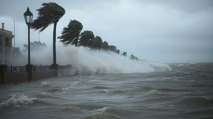 Storm surge floods a waterfront, bending palm trees in strong winds.