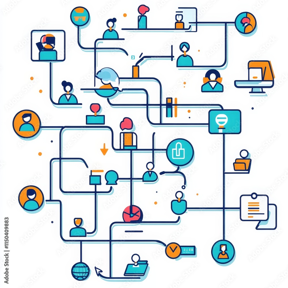 Poster visual representation of digital communication and networking among individuals in a modern office e