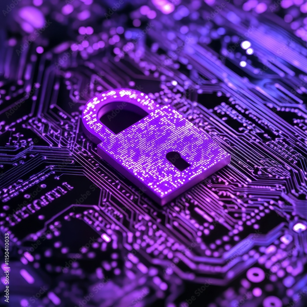 Poster vibrant purple digital lock symbolizing cybersecurity on a complex circuit board design illuminated 
