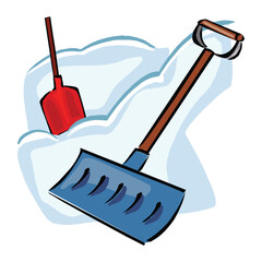 Shovel for snow cleaning. Wide shoulder blade. Winter Snowdrift. Flat cartoon illustration isolated on white background