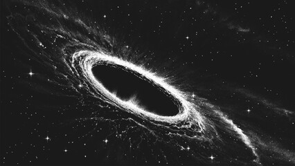 Amazing huge deep space spiral galaxy in stippling style with massive black hole or glowing portal in center. Retro styled dotwork. Pointillism. Noisy grainy shading using dots. Vector illustration © 3d_kot
