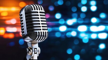 Classic Vintage Microphone with Blurred Colorful Background Lights