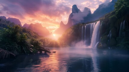 Fototapeta premium Serene sunrise over misty river valley with cascading waterfalls and majestic mountains