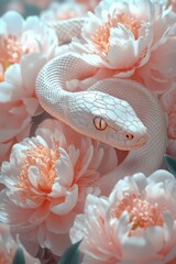 Fototapeta premium Albino Snake Coiled Among Pink Peonies 