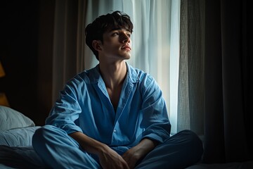 Fototapeta premium A young man with short dark hair sits cross-legged on a bed, gazing thoughtfully out of a window with soft natural light filtering through the curtains