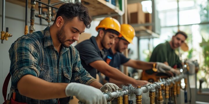A diverse group of young plumbers working together on plumbing pipes in a well-lit workshop