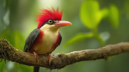 Fototapeta premium Vividly colored bird observes its surroundings while resting on a tree branch in a lush forest