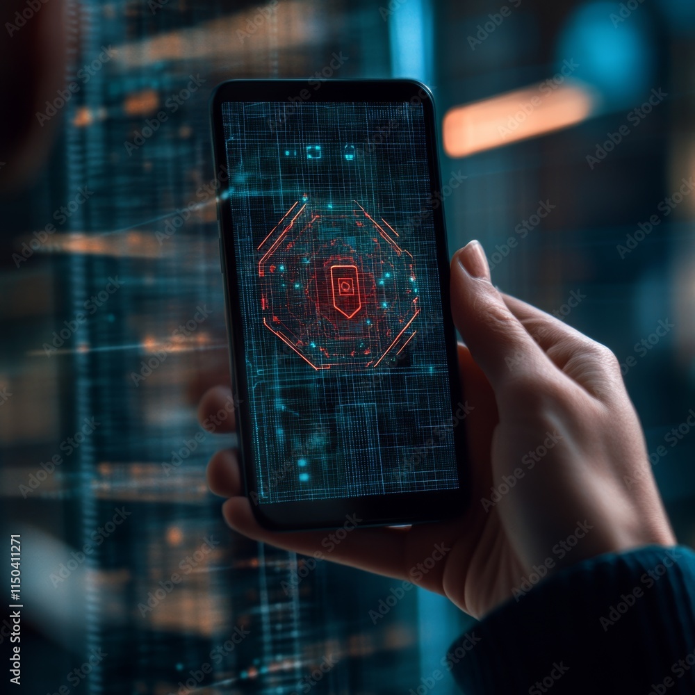 Poster smartphone displaying digital security interface in a modern urban setting at night with glowing dat