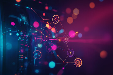 ICT - information and telecommunication technology and IOT - internet of things concepts. Diagrams with icons on server room backgrounds
