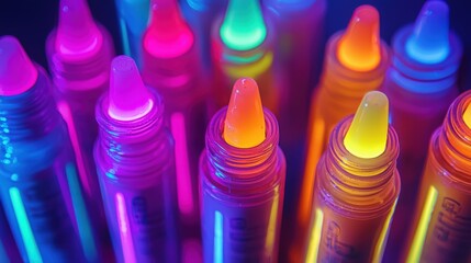 Colorful glow-in-the-dark markers arranged in vibrant patterns on a surface