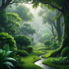 It is raining in the jungle in the summer season