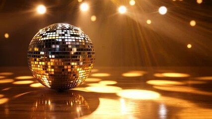 A disco ball spinning, casting shimmering reflections across the dance floor as lights pulse in rhythm. Music background