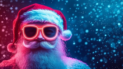 A minimalist silhouette of Santa Claus with neon sunglasses and a festive hat, set against a colorful snowy background