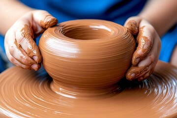 Close-up of a young artist's hands shaping clay on a potter's wheel. Generative AI