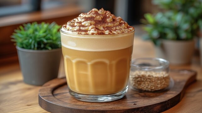 A glass of bicerin topped with whipped cream and cocoa powder, placed on a wooden tray with a small jar of seeds and a potted plant in the background