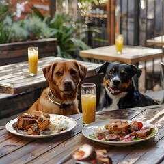 Two dogs are sitting at a table with plates of food and glasses of orange juice