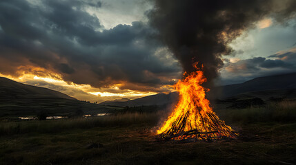 Fototapeta premium A ceremonial pyre burning in a sacred valley its flames reaching high and dark smoke swirling into a twilight sky.