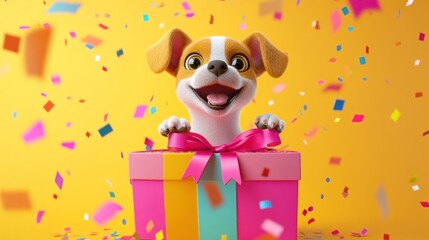 Fototapeta premium Cute 3D cartoon dog pops out of a colorful box, exuding joy with confetti in the air