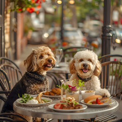Two dogs are sitting at a table with food in front of them