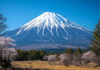 Obraz premium Snow-Capped Mount Fuji with Spring Blossoms 