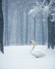 A serene swan stands in a snowy forest, surrounded by falling snowflakes.