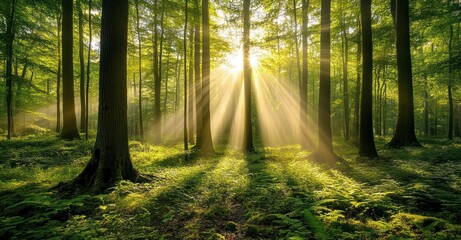 Obraz premium Sunbeams Illuminate A Misty Green Forest