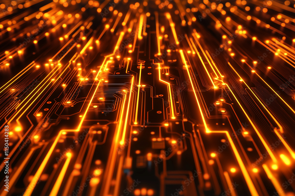 Poster information technology concept with info symbol on a microchip. orange neon data flows between users