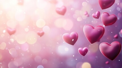 Fototapeta premium Floating hearts in shades of pink and red enhance a dreamy pastel background, bringing joy