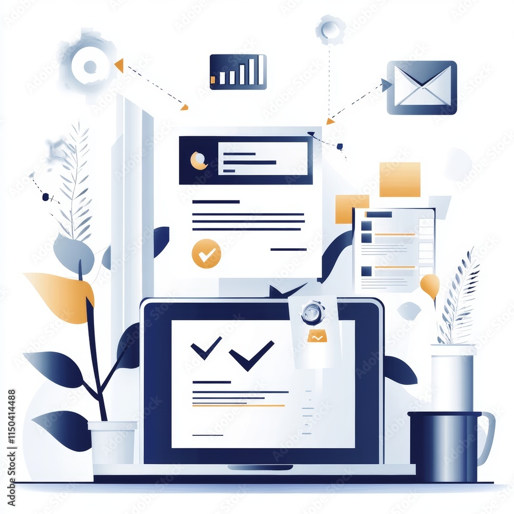 Poster digital workspace showcasing modern productivity tools with a laptop, charts, and email notification