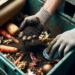 Close up of a person with a compost bin turning waste into nutri