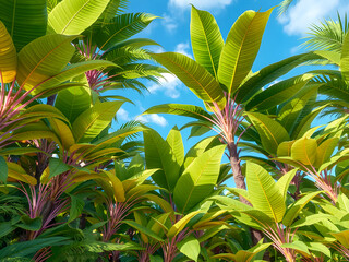 Tropical green palm trees on blue sky background. Nature background