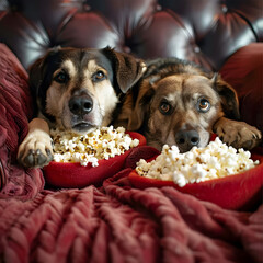 Two dogs are laying on a couch and eating popcorn