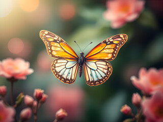 Naklejka premium Beautiful butterfly on flower background. Filtered image processed vintage effect.